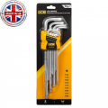 JCB Ключи Г-образные TORX экстра длинные с отверстием, набор 9пр.  (Т10Н, Т15Н, Т20Н, Т25Н, Т27Н, Т30Н, Т40Т, Т45Н, Т50Н) JCB-5098TXL