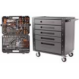 Комплект Набор инструментов KINGQUEEN 129 пред, 1/4'', 3/8", 1/2''(6гр.)(4-32мм) WIB-90015  и Тележка инструментальная 5 ящиков, Цвет:серый
