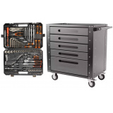 Комплект Набор инструментов KINGQUEEN 132 пред, 1/4'', 3/8", 1/2''(6гр.)(4-32мм) WIB-90013  и Тележка инструментальная 5 ящиков, Цвет:серый