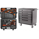 Комплект Набор инструментов KINGQUEEN 133 пред, 1/4'', 3/8", 1/2''(6гр.)(4-32мм) WIB-90007  и Тележка инструментальная 5 ящиков, Цвет:серый