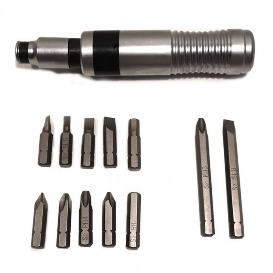 ROCK FORCE Отвертка ударная с набором бит и адаптером,13пр 1/2"(F)х5/16"(F) (PH 1,2,3,4х36мм; PH3х80мм; SL 5,6,7,8х36мм, SL8х80мм; H 7,8х36мм) в метал. кейсе RF-5064A - 1