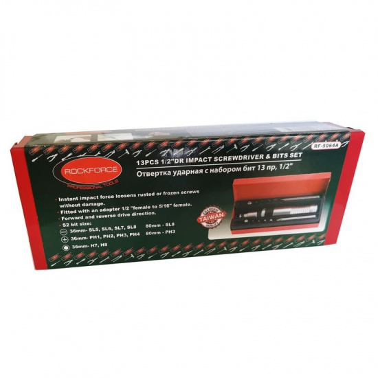 ROCK FORCE Отвертка ударная с набором бит и адаптером,13пр 1/2"(F)х5/16"(F) (PH 1,2,3,4х36мм; PH3х80мм; SL 5,6,7,8х36мм, SL8х80мм; H 7,8х36мм) в метал. кейсе RF-5064A - 1
