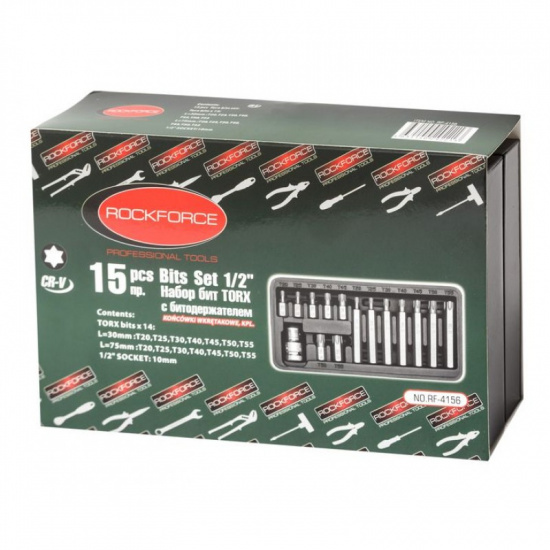 ROCK FORCE Набор бит TORX с битодержателем,15пр. 1/2"(L: 30/75мм; Т20,Т25,Т30,Т40,Т45,Т50,Т55), в металлическом кейсе RF-4156(C) - 1