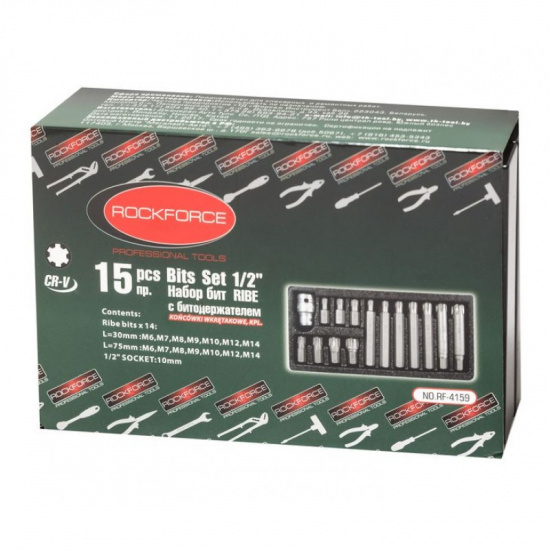 Набор бит RIBE c битодержателем,15пр. 1/2"(L:30/75мм;M6,М7,М8,М9,М10,М12,M14), в металлическом кейсе RF-4159(Биты 15пр) - 1