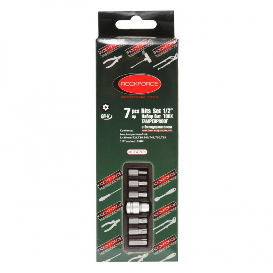 ROCK FORCE Набор бит TORX с отверстием и битодержателем,7пр.1/2"(L:30мм;Т25,Т30,Т40,Т45,Т50,Т55), в ложементе RF-4074TH - 1