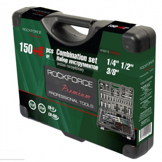 ROCK FORCE Набор инструментов 150+6пр.1/4" 3/8" 1/2"(6-гр.)(4-36мм; 3/8":10-19мм 12гр.; 1/2":27,30,32,36-12гр.)+(биты 5/16":М6,8,10,12,14; гибкий удлинитель 1/4") RF-41501-5 PREMIUM - 1