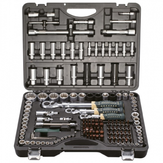 ROCK FORCE Набор инструментов 150+6пр.1/4" 3/8" 1/2"(6-гр.)(4-36мм; 3/8":10-19мм 12гр.; 1/2":27,30,32,36-12гр.)+(биты 5/16":М6,8,10,12,14; гибкий удлинитель 1/4") RF-41501-5 PREMIUM - 1