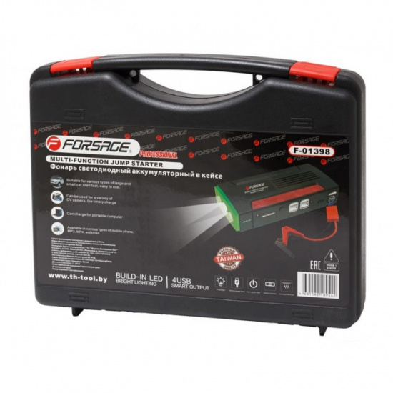 FORSAGE Фонарь светодиодный аккумуляторный с накопителем и функцией пуска а/м(12V,9000mAh,300Amp,max 600Amp, USB-4шт,адаптеры для моб. телефонов и ноутбуков ) F-01398 - 1