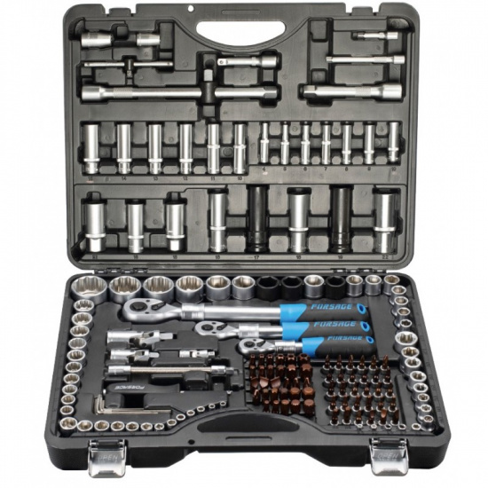 FORSAGE 1/4"&3/8"&1/2" Набор инструмента 150+6пр. (6-гр.)(4-36мм; 3/8":10-19мм 12гр.; 1/2":27,30,32,36-12гр.)+(биты 5/16":М6,8,10,12,14; гибкий удлинитель 1/4") F-41501-5 PREMIUM - 1