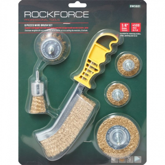 ROCK FORCE Набор кордщеток дисковых латунных для дрели+ручная, 6пр.(25, 2штх38, 50, 75мм), в блистере RF-BWS601 - 1