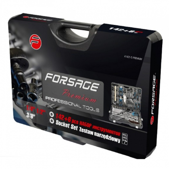 FORSAGE 1/4",3/8",1/2" Набор инструмента 142+6пр. (6-гран.)(4-36мм; 27,30,32,36-12гр.)+(ключи трещоточные:8х10,12х13,14х15,16х17,18х19мм, бокорезы-7") F-41421-5 Premium - 1