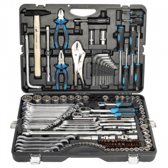 FORSAGE 1/4",3/8",1/2" Набор инструмента 142+6пр. (6-гран.)(4-36мм; 27,30,32,36-12гр.)+(ключи трещоточные:8х10,12х13,14х15,16х17,18х19мм, бокорезы-7") F-41421-5 Premium - 1