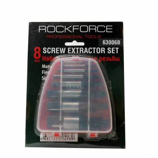 ROCK FORCE Набор экстракторов резьбы HSS 4241,8пр.(Ø:3-6мм, 6-8мм, 8-11мм, 11-14мм, 14-18мм, 18-22мм, 20-22мм, 22-26мм; "мелкий шаг"), в пластиковом футляре RF-63006B - 1