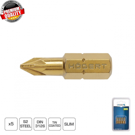 HOGERT TECHNIK Биты PZ1 25 мм, сталь S2, нитрид титана, 5 шт. HT1S384 - 1