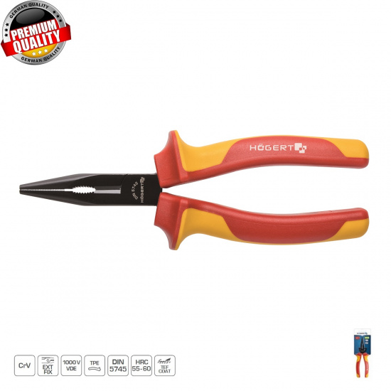 HOGERT TECHNIK Пассатижи изолированные удлиненные с прямыми полукруглыми губками 160 мм, 1000 V, VDE HT1P913 - 1