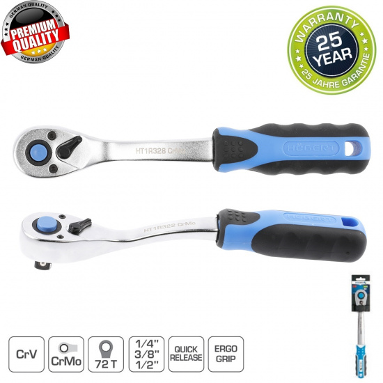 HOGERT TECHNIK Трещотка изогнутая с кнопкой 3/8", 72 зубца HT1R328 - 1