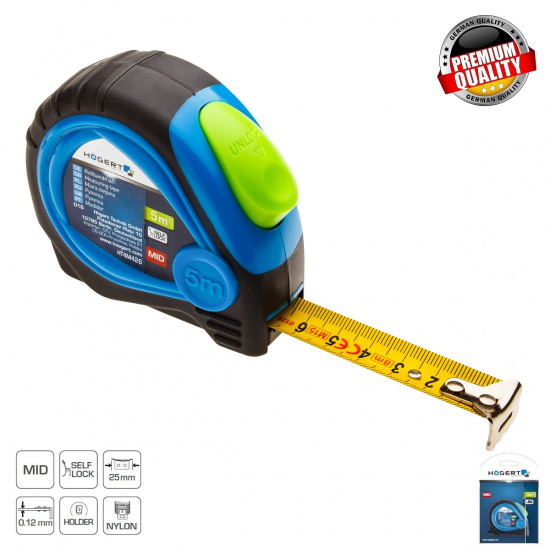HOGERT TECHNIK Рулетка 5 м, 25 мм , MID,  c магнитом, покрыта нейлоном, стопор ленты HT4M426 - 1