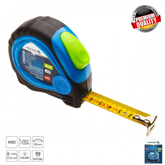 HOGERT TECHNIK Рулетка 8 м, 25 мм , MID,  c магнитом, покрыта нейлоном, стопор ленты HT4M428 - 1