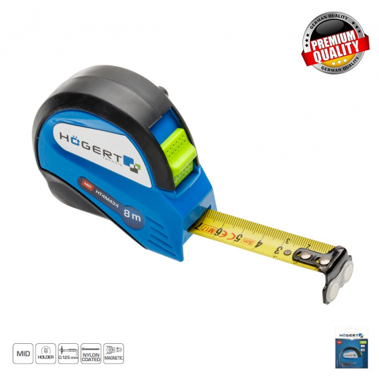 HOGERT TECHNIK Рулетка 8 м, 25 мм, MID, c магнитом, покрыта нейлоном, стопор ленты HT4M434 - 1
