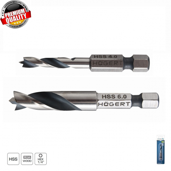 HOGERT TECHNIK Сверло по дереву 8 х 60 мм с шестигранным хвостовиком, сталь HSS HT6D348 - 1