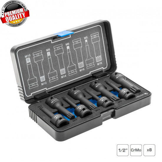 HOGERT TECHNIK Набор торцевых головок-бит, ударных Spline, 8 шт., 1/2", CrMo HT6R006 - 1