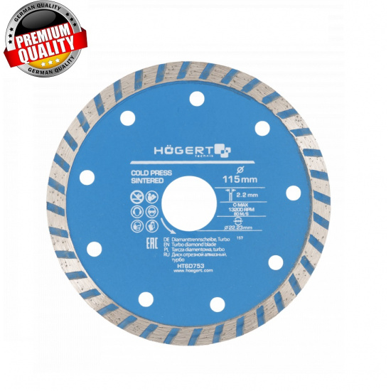 HOGERT TECHNIK Диск отрезной алмазный, turbo 115 х 2 х 22,3 мм HT6D753 - 1