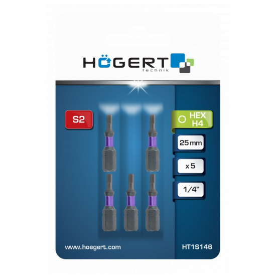 HOGERT TECHNIK Биты ударные HEX 4, 25 мм, сталь S2,  5 шт. HT1S146 - 1