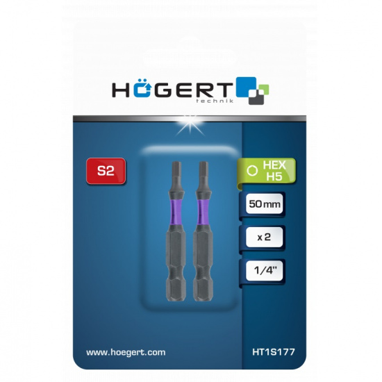HOGERT TECHNIK Биты ударные HEX 5, 50 мм, сталь S2,  2 шт. HT1S177 - 1