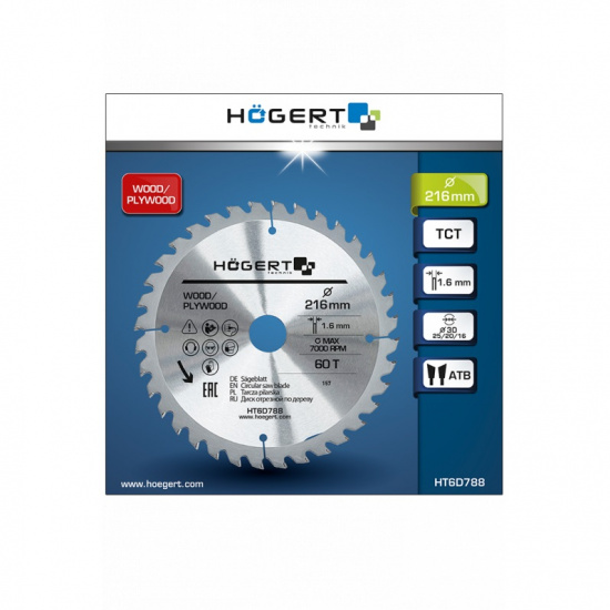 HOGERT TECHNIK Диск пильный по дереву 216x60Tx30, Mn65 HT6D788 - 1