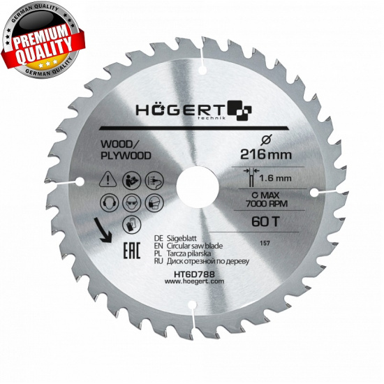 HOGERT TECHNIK Диск пильный по дереву 216x60Tx30, Mn65 HT6D788 - 1