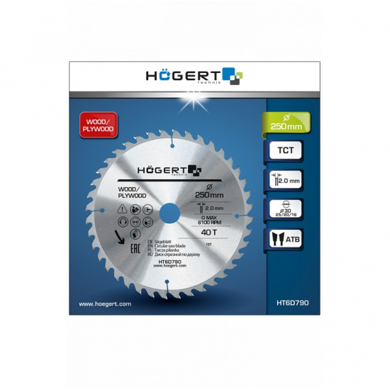 HOGERT TECHNIK Диск пильный по дереву 250x40Tx30, Mn65 HT6D790 - 1