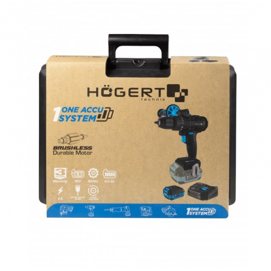HOGERT TECHNIK Набор Аккумуляторная бесщеточная дрель-шуруповерт 80 Нм 18В + аккумулятор 4Ач + зарядная станция 4А+ кейс HT2E246-B14DD - 1