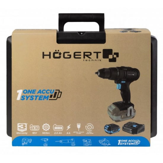HOGERT TECHNIK Набор Аккумуляторная дрель-шуруповерт 50 Нм 18В+ аккумулятор 2Ач + зарядная станция 4А+ кейс HT2E244-B12DD - 1