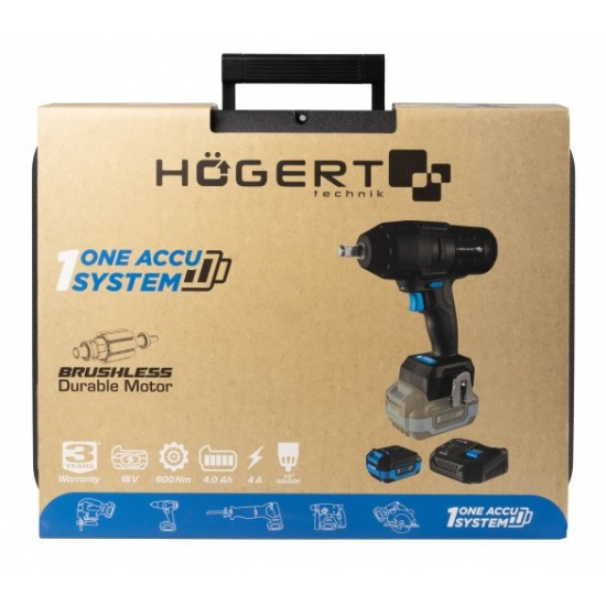 HOGERT TECHNIK Набор Аккумуляторный бесщеточный ударный гайковерт 600 Нм 18В + аккумулятор 4Ач + зарядная станция 4А+ кейс HT2E253-B14IW - 1
