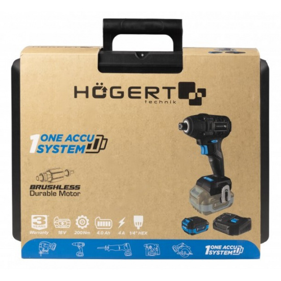 HOGERT TECHNIK Набор Аккумуляторный бесщеточный ударный импульсный шуруповёрт  200 Нм 18В + аккумулятор 4Ач + зарядная станция 4А+ кейс HT2E255-B14ID - 1