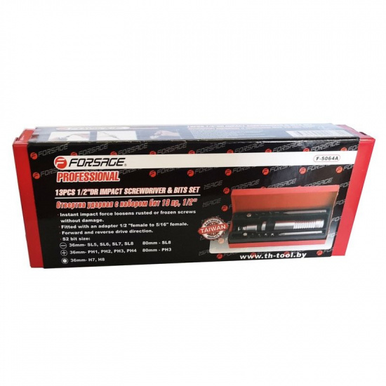 FORSAGE Отвертка ударная с набором бит и адаптером,13пр 1/2"(F)х5/16"(F) (PH 1,2,3,4х36мм; PH3х80мм; SL 5,6,7,8х36мм, SL8х80мм; H 7,8х36мм) в метал. кейсе F-5064A - 1