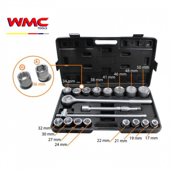 WMC TOOLS Набор инструментов  21пр 3/4"(6гр)(17,19,21,22,24,27,30,32,34,36,36-12гр.,38,41,46,48,50мм) 6201B-5 - 1
