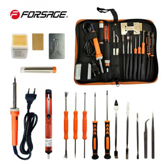 FORSAGE Паяльник электрич.-й с набором инструментов и аксессуаров 17пр(220V,50Hz,60W,пинцет-2шт,крючки-4шт,лопатки-6шт,отвертки-РН000,SL3мм,расходники)в сумке F-8272-17 - 1