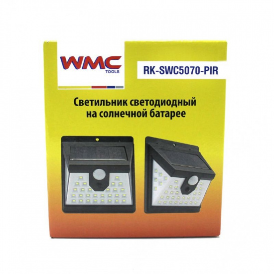 WMC TOOLS Светильник светодиодный на солнечной батарее с датчиком движения (5.5V,0.55W,18650Li,3.7V,2400mAh,40SMD Led,6500К,раб. время8-10ч,заряд.4-6ч,IP44,108х RK-SWC5070-PIR - 1