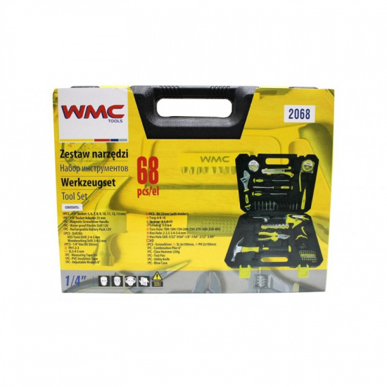 WMC TOOLS Набор инструментов с шуруповертом 68пр.1/4''(6гр)(5-13мм,шарнирно-губцевый инстр.,отвертки,биты,молоток,сверла;12В,0-1350об/мин,28N/M) 2068 - 1
