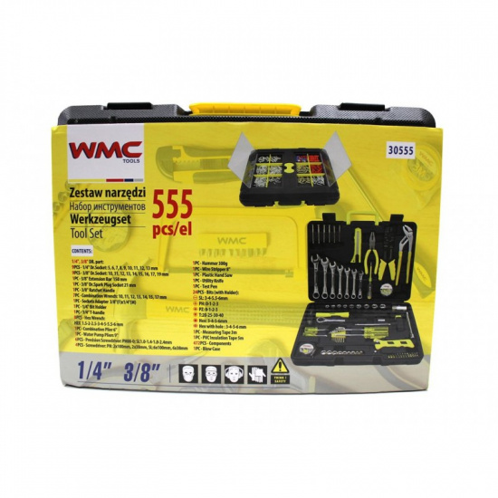 WMC TOOLS Набор инструментов 555 пр.1/2''(5-19мм, ключи:10-17мм,шарнирно-губцевый инстр.,отвертки,биты,молоток, ключи 6-е Г-обр.-е,расходник) 30555 - 1