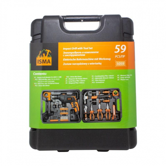 ISMA Набор инструментов с дрелью электрической,59пр.(220V,750W,0-2900об/мин),в кейсе ISMA-1059 - 1