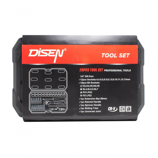 DISEN Набор инструментов 29пр 1/4''(6гр) (4-13мм) DISEN-1029 - 1