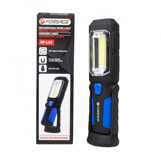 FORSAGE Лампа светодиодная аккумуляторная(4W COB+1W,2 магнита,крючок,180гр.,250Lm,1200mAh,зарядка12V,время раб.5ч,время заряд.3ч) F-RF-L02 - 1