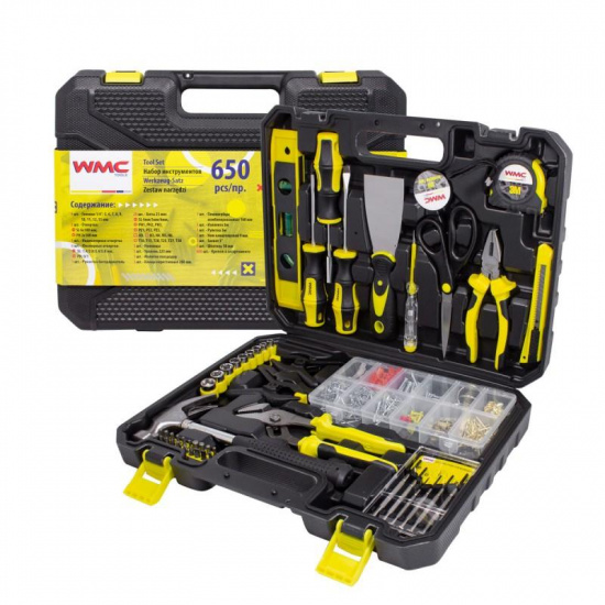 WMC TOOLS Набор инструментов 650пр.1/4"(6гр)(4-13мм,шарнирно-губцевый,отвертки,биты,рулетка,уровень,расходник) WMC-20650 - 1