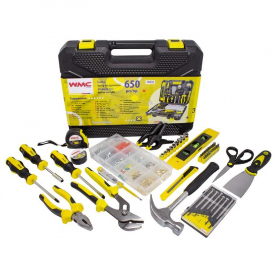WMC TOOLS Набор инструментов 650пр.1/4"(6гр)(4-13мм,шарнирно-губцевый,отвертки,биты,рулетка,уровень,расходник) WMC-20650 - 1