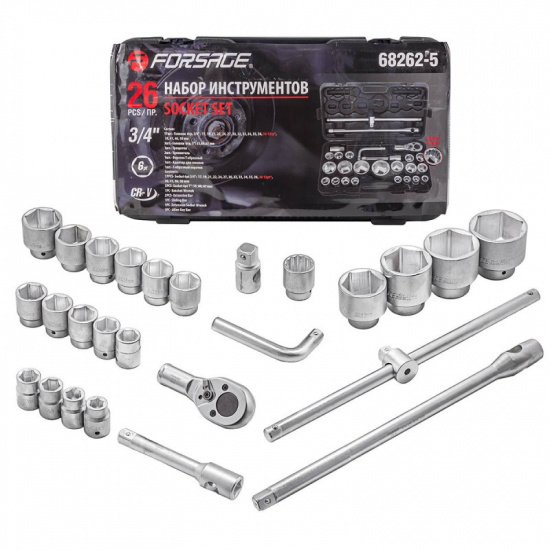 FORSAGE Набор инструментов 26пр, 3/4'' 1''(6гр.)(17,19,21,22,24,27,30,32,33,34,35,36,36-12гр,38,41,46,50мм,1'':55,60,65мм) F-68262-5 - 1