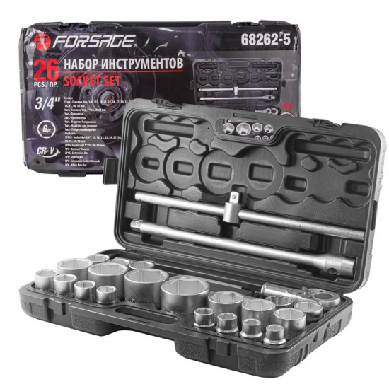 FORSAGE Набор инструментов 26пр, 3/4'' 1''(6гр.)(17,19,21,22,24,27,30,32,33,34,35,36,36-12гр,38,41,46,50мм,1'':55,60,65мм) F-68262-5 - 1
