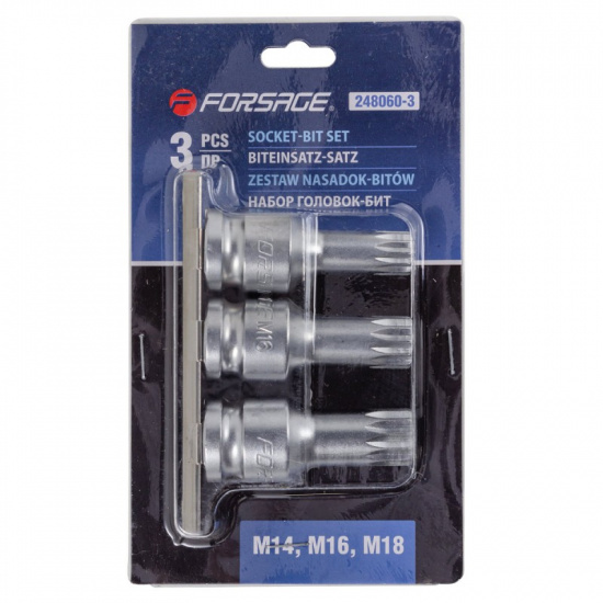 FORSAGE Набор Головок-бит SPLINE с отверстием 1/2'',3пр. (L-60мм,M14, M16, M18) F-248060-3 - 1
