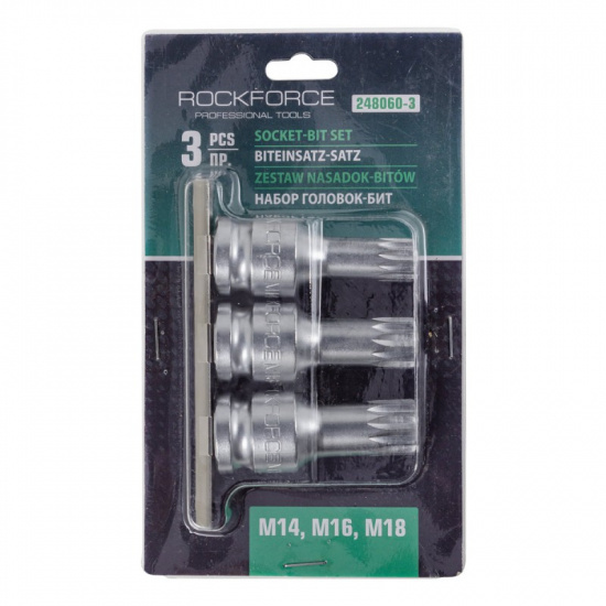 ROCK FORCE Набор Головок-бит SPLINE с отверстием 1/2'',3пр. (L-60мм,M14, M16, M18) RF-248060-3 - 1